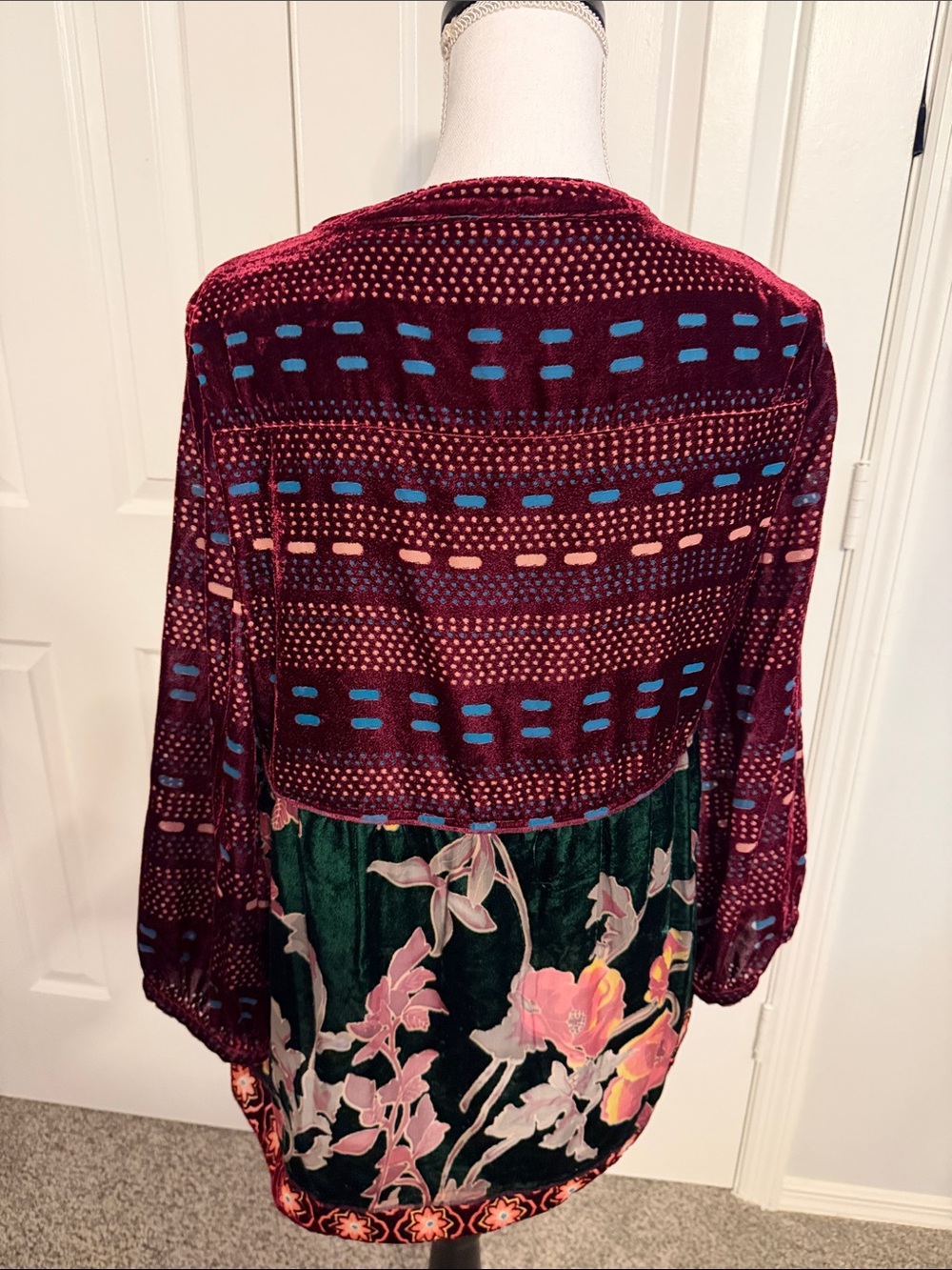 John Mark Embroidered Mixed-Print Tunic in Burgundy and Forest Green - Picture 2 of 2